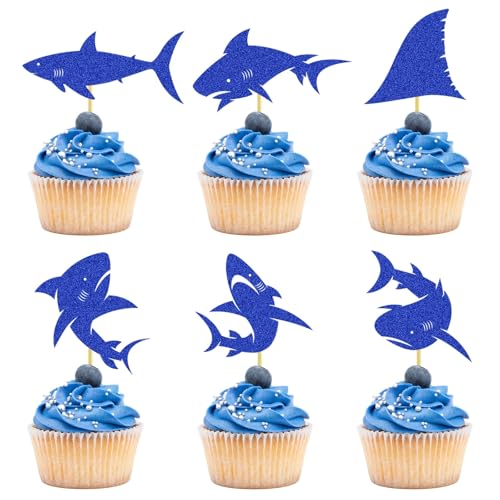 24 Stück Hai-Cupcake-Topper, Kuchendekoration, blau glitzernd, Haiflosse, Meerestiere, Hai-Thema, Babyparty, Kinder, für Geburtstagsfeier, Hochzeitstag 24 Stück Hai-Cupcake-Topper, Kuchendekoration, blau glitzernd, Haiflosse, Meerestiere, Hai-Thema, Babyparty, Kinder, für Geburtstagsfeier, Hochzeitstag von HINGTAI