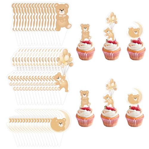 48 Stück Teddybär-Cupcake-Topper, Babyparty-Kuchendekorationen für Bärenthema, Babyparty, Geburtstag, Kinder, dekoratives Partyzubehör zur Enthüllung des Geschlechts (braun) von HINGTAI