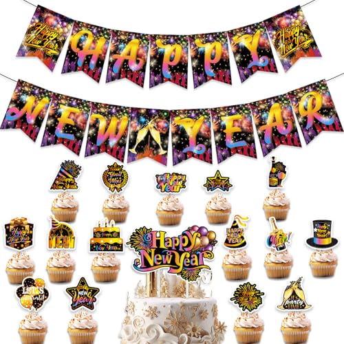 Neujahrsdekorationen 2025, farbenfrohes Neujahrsbanner in Gold und Schwarz, Cupcake-Topper für Silvesterpartys, Silvester Deko 2025 Party Set, Silvesterpartyzubehör für die Feiertagspartydekoration Neujahrsdekorationen 2025, farbenfrohes Neujahrsbanner in Gold und Schwarz, Cupcake-Topper für Silvesterpartys, Silvester Deko 2025 Party Set, Silvesterpartyzubehör für die Feiertagspartydekoration von HINGTAI