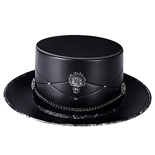 HINGTAT Steampunk Pest Arzt Hut PU Leder Schwarz Flacher Zylinder Hut für Halloween Cosplay Halloween Hut Schwarz, Einheitsgröße von HINGTAT