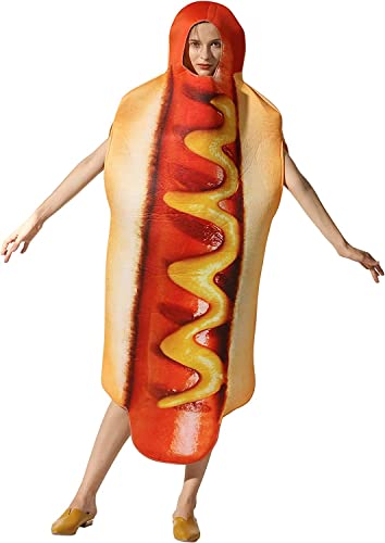 HINIUPI Unisex Adult Hot Dog Fancy Jumpsuit Hot Dog Kostüm für Erwachsene Deluxe Hot Dog Kostüm für Damen Unisex Essen Kostüm für Erwachsene (Hotdog) von HINIUPI