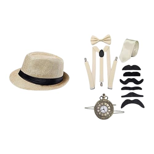 HIOPOIUYT 1920er Herren Kostüm Roaring 20s Kostüme Outfit Mit 20S Fedoras Taschenuhr Hosenträger Vorgebundenes Bowtie Krawatte Bart Bart HIOPOIUYT 1920er Herren Kostüm Roaring 20s Kostüme Outfit Mit 20S Fedoras Taschenuhr Hosenträger Vorgebundenes Bowtie Krawatte Bart Bart von HIOPOIUYT