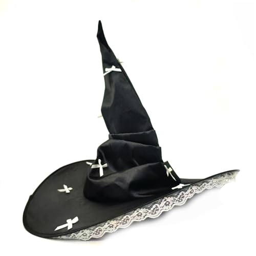 HIOPOIUYT Biegbarer Punk-Hexenhut mit Spitzenbesatz und Schleifen-Dekor für Halloween-Kostüm, Rollenspiele, Kopfbedeckung, Halloween-Hut von HIOPOIUYT