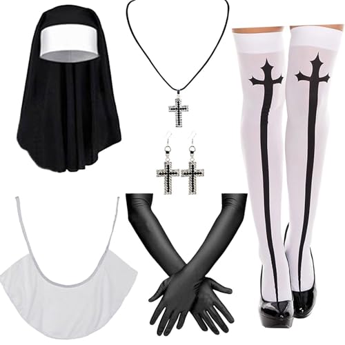 HIOPOIUYT Cosplay Nonne Zubehör für Damen, Halloween, Nonne, Rollenspiel, Outfit mit Nonne, Kopfbedeckung, Halskette, Halsband, Strumpf für Cosplay HIOPOIUYT Cosplay Nonne Zubehör für Damen, Halloween, Nonne, Rollenspiel, Outfit mit Nonne, Kopfbedeckung, Halskette, Halsband, Strumpf für Cosplay von HIOPOIUYT