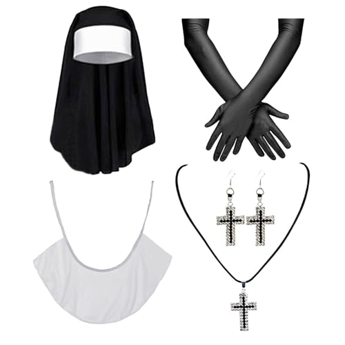 HIOPOIUYT Cosplay Nonne Zubehör für Damen, Halloween, Nonne, Rollenspiel, Outfit mit Nonne, Kopfbedeckung, Halskette, Halsband, Strumpf für Cosplay HIOPOIUYT Cosplay Nonne Zubehör für Damen, Halloween, Nonne, Rollenspiel, Outfit mit Nonne, Kopfbedeckung, Halskette, Halsband, Strumpf für Cosplay von HIOPOIUYT