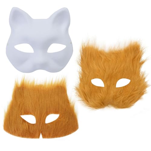 HIOPOIUYT Farbige Katzen Masken Set Mit Pelziger Trimmmaske Unbemalte Maskeraden Maske Farbe Maske Klebstoff Netto Stoff von HIOPOIUYT