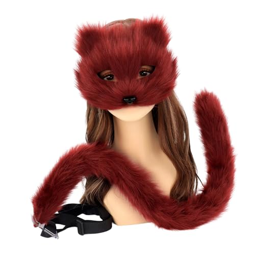 HIOPOIUYT Therians and Tail Set Halloween Cosplay Kostüme Zubehör Katzen Schwanz Halbgesicht Kunstpelze Füchse Schwanz Katzen von HIOPOIUYT