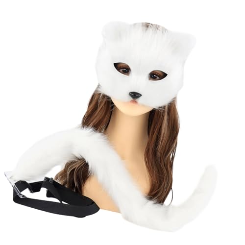 HIOPOIUYT Therians and Tail Set Halloween Cosplay Kostüme Zubehör Katzen Schwanz Halbgesicht Kunstpelze Füchse Schwanz Katzen von HIOPOIUYT