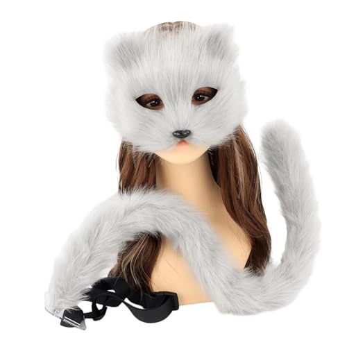 HIOPOIUYT Therians and Tail Set Halloween Cosplay Kostüme Zubehör Katzen Schwanz Halbgesicht Kunstpelze Füchse Schwanz Katzen von HIOPOIUYT