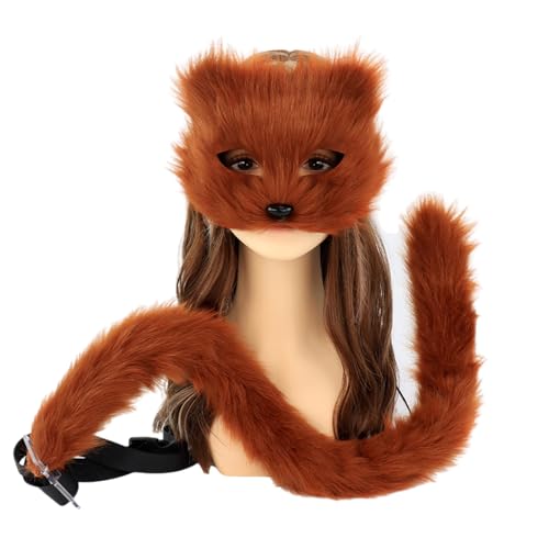 HIOPOIUYT Therians and Tail Set Halloween Cosplay Kostüme Zubehör Katzen Schwanz Halbgesicht Kunstpelze Füchse Schwanz Katzen von HIOPOIUYT