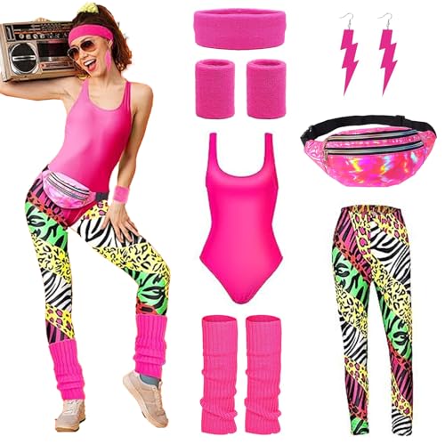 HIQE-FL 80er Jahre Accessoires Outfit Damen,Damen Workout Kostüm,80er Damen Accessoires,mit Bauchtasche,Stirnband,Beinwärmer,für Karneval Neon 80 Party Damen,Rosa,XL,HIQE-FL08 von HIQE-FL