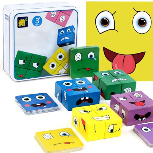 Ausdruck Holzwürfel Puzzle, Spiel Puzzle Bauwürfel,Bunte Zauberwürfel Baustein Spielzeug Set,Interaktives Emoji Holzwürfel Puzzle,Pädagogisches Montessori Spielzeug für Kinder Ab 3 Jahren(Quadrat) von HIQE-FL