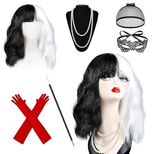 HIQE-FL Cruella Kostüm, Halloween Kostüm Damen, 70er Jahre Accessoires, Kurze Schwarze und Weiße Perücke Mit Spitze Maske, Handschuhe Halskette Set für Karneval, Fasching, Mottoparty von HIQE-FL