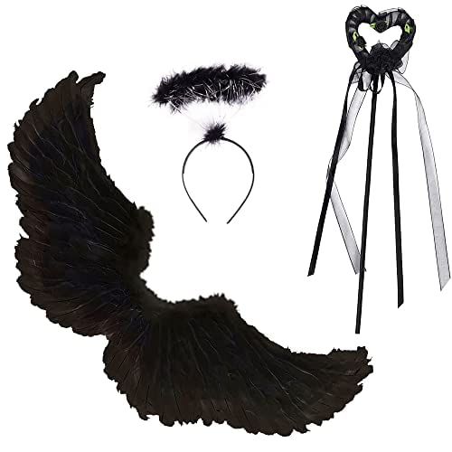 Engel Flügel,Federflügel Engel,Schwarz Engelsflügel Deko mit heiligenschein und Zauberstab,Schwarz Engel Kostüm Damen,Party Fasching Kostüme,Kostümparty Verkleidung Engel Flügel,Federflügel Engel,Schwarz Engelsflügel Deko mit heiligenschein und Zauberstab,Schwarz Engel Kostüm Damen,Party Fasching Kostüme,Kostümparty Verkleidung von HIQE-FL