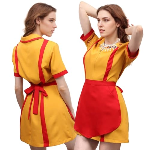 HIQE-FL 2 Broke Girls Kostüm, Damen Kellnerin Kostüm, Diner Uniform mit Schürze, mit Perlenkette, für Karneval, Fasching, Mottoparty von HIQE-FL