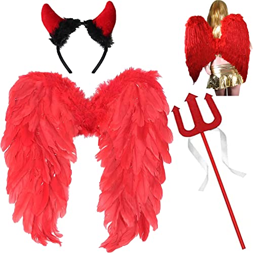 HIQE-FL 60 cm,Red Engel Kostüm Set,Gefallener Böser Engel Kostüm,Engel und Teufel Flügel Kostüm Damen,Halloween Kostüm Teufel Mädchen,Teufel Kostüm,für Karneval,Fasching,Mottoparty von HIQE-FL