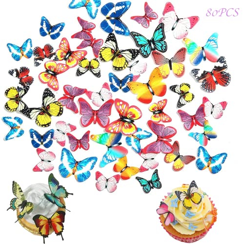 HIQE-FL 80Pcs Essbare Schmetterlings Kuchen-Deckel,Oblatenpapier-Schmetterlings,Essbare Blumen Cupcake Topper,Tortendeko geburtstagstorte dekorationGeburtstag (A-Schmetterling) von HIQE-FL