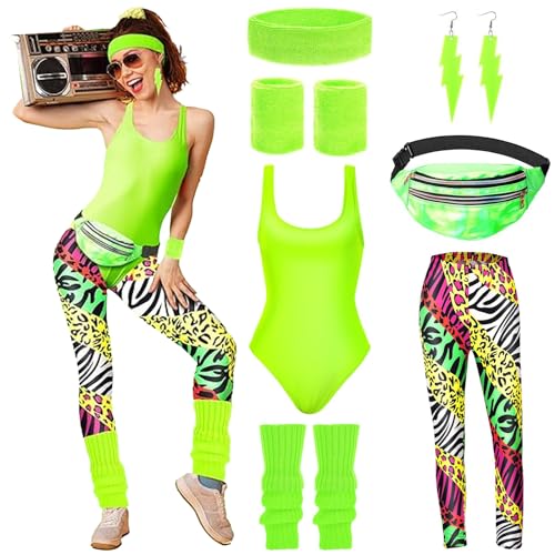HIQE-FL 80er Jahre Accessoires Outfit Damen, Workout Kostüm Mit Bauchtasche, Stirnband für Karneval, Fasching, Mottoparty von HIQE-FL