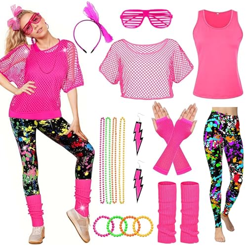 80er Jahre Accessoires Outfit Damen,Damen 80er Jahre Workout Kostüm,80er Jahre Outfit Damen 80er Jahre Accessoires,mit Bauchtasche,4 Perlen Neonhalsketten,für Karneval,Fasching,Mottoparty. von HIQE-FL