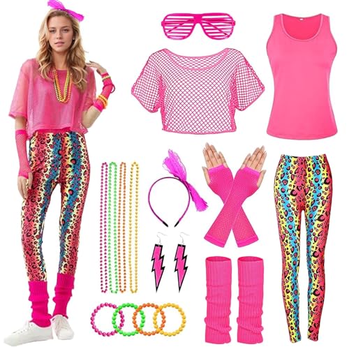 HIQE-FL 80er Jahre Damen Outfit - Damen 80er Jahre Workout Kostm mit Bauchtasche, 4 Perlen Neonhalsketten fr Karneval, Fasching, Mottoparty von HIQE-FL