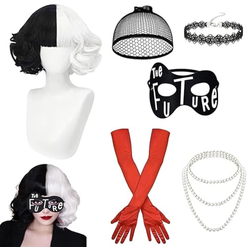 HIQE-FL Cruella Kostüm Damen,Halloween Kostüm Damen,70er Jahre Accessoires,Kurz Schwarz Weiß Cosplay Perücken mit Pony,Damen Spitze Maske,Handschuhe Halskette Set,für Karneval,Fasching,Mottoparty von HIQE-FL