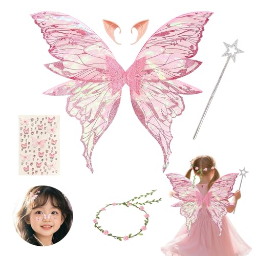 HIQE-FL Flügel Fee,Feenflügel Kostüm,Fee Stirnband und Sterne Feenstäbe,Schmetterlingsflügel mit Elfenöhren,Prinzessinnenflügel,Feenflügel Glitzer,Elfenflügel Set (L) von HIQE-FL