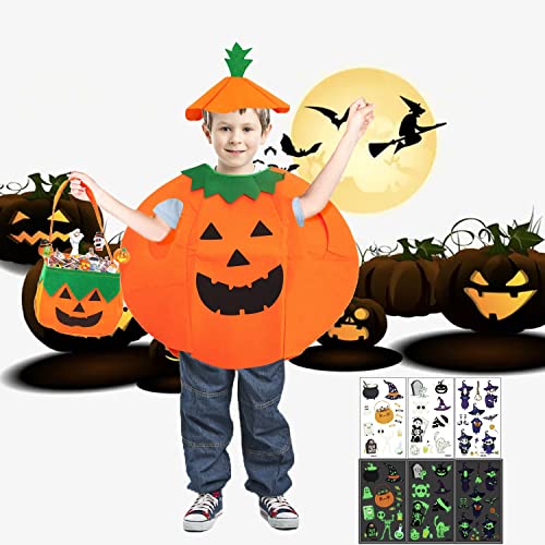 Kinder Kürbis Kostüm Anzug,kürbis kostüm kinder mit hut,Kürbis Kostüm Kinder für Halloweenm mit halloween süssigkeiten beutel,Halloween Kürbiskostüm,halloween kostüm kinder mädchen jungen (A-Kürbis) von HIQE-FL