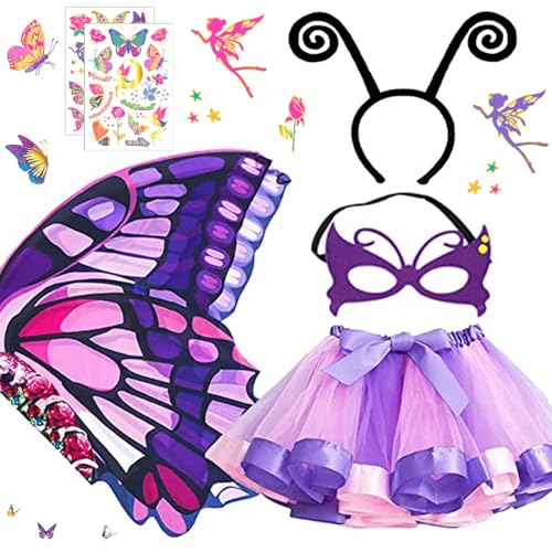 HIQE-FL Kostüm Schmetterling Kinder,6 Stück Schmetterling Kostüm Sets,Schmetterlingsverkleidungen,mit Maske,Kinder Tutu Rock, Haarreif, Tattoos Schmetterling,für Cosplay,Karneval,Fasching,Mottoparty von HIQE-FL