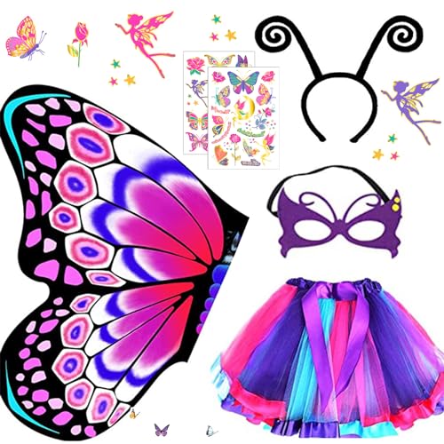 HIQE-FL Schmetterling Kostüm Set für Kinder - 6 Stück Mit Maske, Tutu Rock, Haarreif, Tattoos - Für Cosplay, Karneval, Fasching, Mottoparty von HIQE-FL