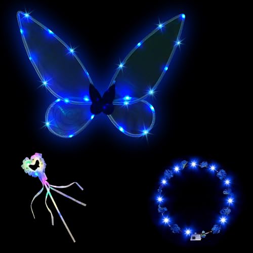 HIQE-FL LED Feenflügel Leuchtende,3 Stück Elfenflügel Set,Feen Flügel Wings Kinder,Feenflügel Erwachsene,Flügel Fee,Karneval Flügel,Cosplay Kostüm,Halloween Flügel(Blau) von HIQE-FL
