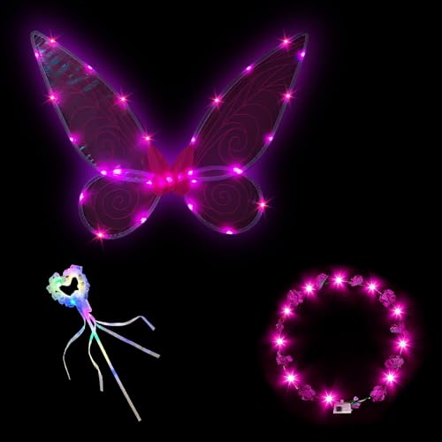 HIQE-FL LED Feenflügel Leuchtende,3 Stück Elfenflügel Set,Feen Flügel Wings Kinder,Feenflügel Erwachsene,Flügel Fee,Karneval Flügel,Cosplay Kostüm,Halloween Flügel(Rosa) von HIQE-FL