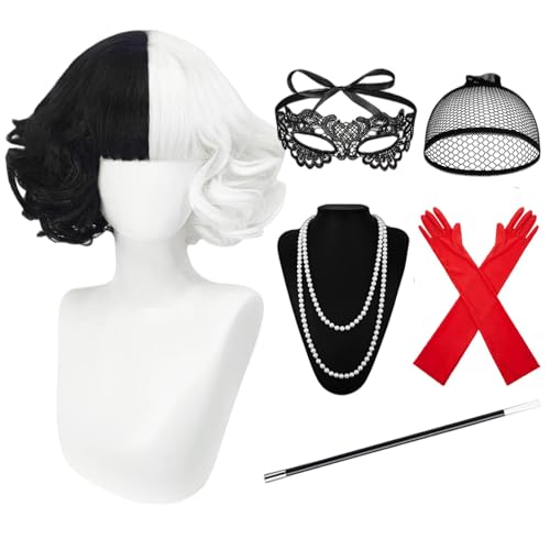HIQE-FL Cruella Kostüm Damen, Halloween Kostüm, 70er Jahre Accessoires, Kurz Schwarz Weiß Cosplay Perücken Mit Pony, Spitze Maske, Handschuhe Halskette Set, für Karneval, Fasching, Mottoparty von HIQE-FL