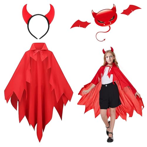 HIQE-FL Teufel Kostüm Damen,Rot Teufel Umhang Halloween kostüm damen,Kinder teufel,Rot Faschingskostüme,155 cm Vampir Umhang mit Teufelswinkel, für Karneval,Fasching,Mottoparty,Halloween-Masquerade von HIQE-FL
