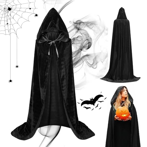 Halloween Kostüm Umhang mit Kapuze,Schwarzer Umhang mit Kapuze, Vampir Teufel Kostüm Lang Satin Samt Cape,150CM Samt Cape Vampir Kostüm Damen Herren Erwachsener für Karneval Halloween Cosplay Kostüm von HIQE-FL