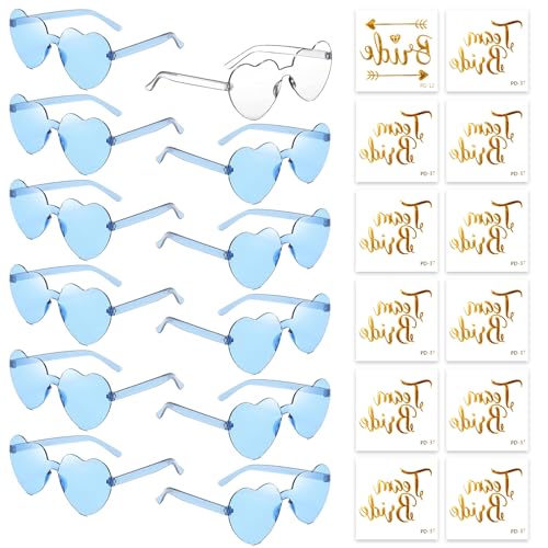 Partybrille Herz Sonnenbrille,12 Bride to Be Herz Sonnenbrille und 12 Team Bride Tattoo Aufkleber,Party Sonnenbrille Team Bride,Hippie Herzförmige Brille,JGA Partybrillen und JGA Deko Accessoires von HIQE-FL