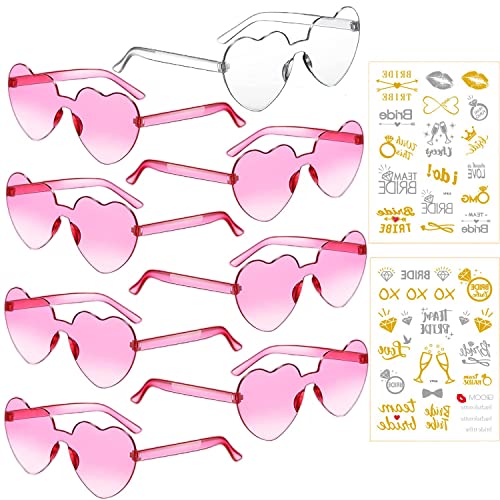 Partybrille Herz Sonnenbrille,8 Bride to Be Herz Sonnenbrille und 2 Team Bride Tattoo Aufkleber,Party Sonnenbrille Team Bride,Hippie Herzförmige Brille,JGA Partybrillen und JGA Deko Accessoires von HIQE-FL