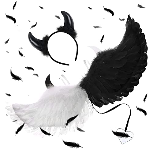 HIQE-FL Engelsflügel mit Teufelshörner,Teufel Kostüm 63CM,Teufelshörner und Dreizack,Engel Flügel Für Faschingskostüme,Federflügel Engel,Engelsflügel Deko,für Karneval,Fasching,Mottoparty von HIQE-FL