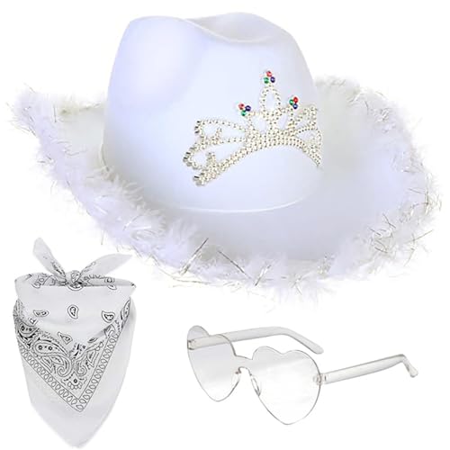 HIQIU 3 Stück Cowgirl Kostüm Set, Cowgirl Hut mit Herz Partybrille, Weiß Bandana, Damen Cowboy Hut für Wilder Westen Kostü Karneval Cosplay Kostüm (Weiß) von HIQIU