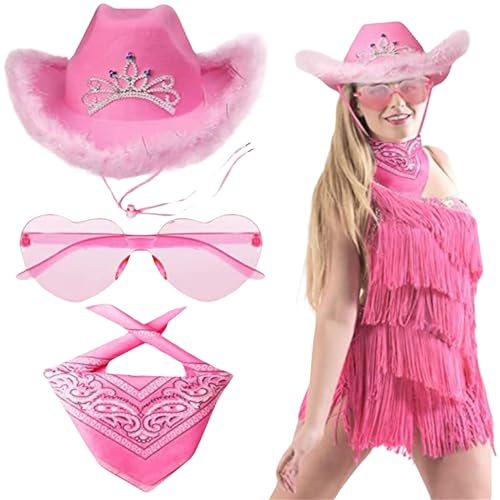 HIQIU 3 Stück Cowgirl Kostüm Set,Rosa Cowgirl Hut mit Herz Partybrille, Rosa Bandana, Damen Cowboy Hut für Wilder Westen Kostü Karneval Cosplay Kostüm von HIQIU