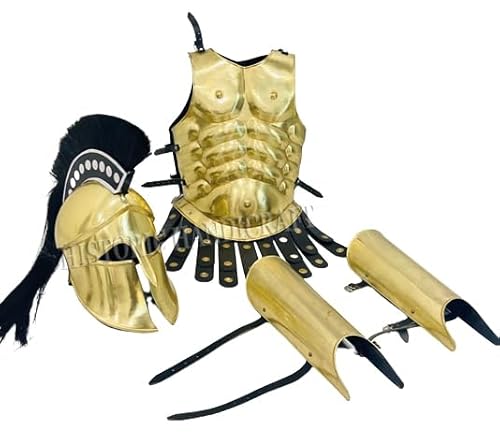 Griechischer korinthischer Helm mit schwarzer Feder, Muskelpanzerjacke, Stahlbeinpanzer, Beinschutz für Beine, Spartaner-Kostüm, Mittelalter-Kostüm, Halloween-Party-Kostüm von HISTORIC HANDICRAFT