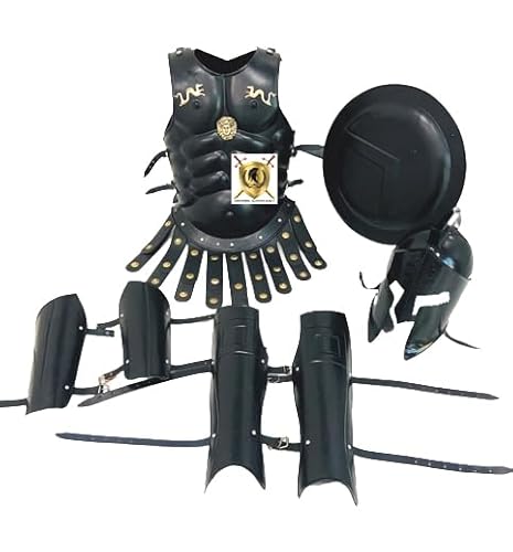 HISTORIC HANDICRAFT 18GA Steel Muscle Armor Jacket + Greek 300 Movie Helmet + Leg Arm Guard + Round Iron Shield Medieval Roman King Leonidas Costume, Black von HISTORIC HANDICRAFT