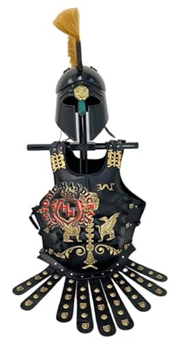 HISTORIC HANDICRAFT Griechischer Korinthischer Helm mit Römischer Muskeljacke Mittelalter Schwarz Spartaner Kostüm Set Halloween Cosplay Römisch Griechisch Kostüm von HISTORIC HANDICRAFT