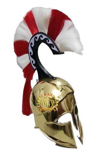 HISTORIC HANDICRAFT Griechischer korinthischer Helm | mit roter & weißer Feder | Mittelalterliche Helme | Sca Knight Rüstungshelm | Spartanischer Messinghelm für Halloween von HISTORIC HANDICRAFT