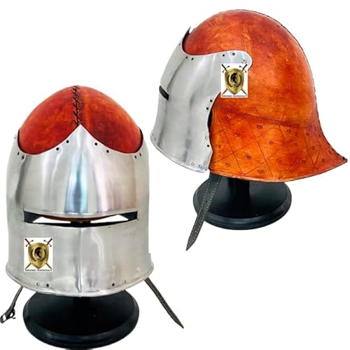 HISTORIC HANDICRAFT Mittelalterlicher deutscher Sallet-Helm, Stahl & Leder, Nachstellung, Rüstung, Kampfkrieger, Gothic-Helm, 15. Jahrhundert, Halloween-Kostüm mit Ständer von HISTORIC HANDICRAFT