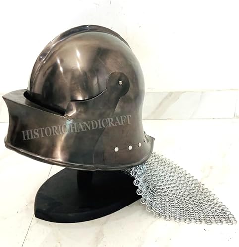 Halloween Deutscher Sallet Helm Ritter Herren Krieger Rüstung Helm Mittelalter Helm mit Kettenhemd LARP Soldatenkostüm Römer Cosplay Helm Party Kostüm Kopfbedeckung Metall Replik Helm mit Ständer von HISTORIC HANDICRAFT