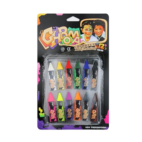 HISUNBEN Kinderschminke Set, Face Paint Body Paint für Kinder und Erwachsene, Karnevalsschminke Mädchen 12 Farbe Gesicht Stift Papier Karte (4 fluoreszierend) von HISUNBEN