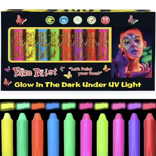 Neon Party,UV Bodypainting,10 Farben Neon UV Kinderschminke Set, Waschbar Schminkstifte Schminkfarben, Face Paint Schminkset, Körperfarbe Kinder (10 Farben) Neon Party Outfit,neon Party deko von HISUNBEN