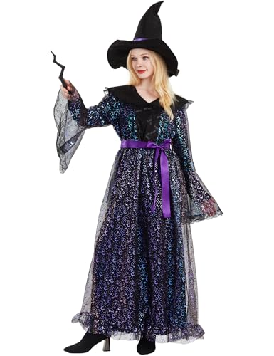 HITASION Halloween-Hexenkostüm für Damen, Wicked Deluxe-Hexenkleid, Outfits für Party, Cosplay, Lila, Größe M, 5 Stück von HITASION