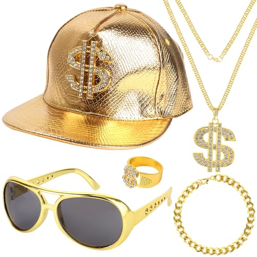 HIULLEN 5 Stück Hip Hop Kostüm Kit, Dollar Kette Set, 90er Jahre Outfit Goldkette Halskette Ringe Sonnenbrille Rapper Zubehör, 70er Jahre Zuhälter Kostüm Accessoires für Fasching Karneval Party von HIULLEN