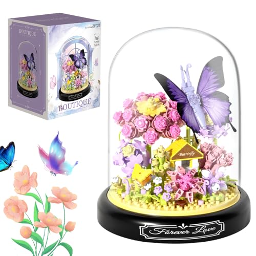 HIULLEN 582 Stück Blumen Bausteine Set, Schmetterling Blumenstrauß Bausteine Bausatz, Blumen Insekten klemmbausteine mit Staubdichte Kuppel Und Sockel Geschenke für Kinder Erwachsene Freundin von HIULLEN